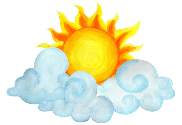 Sonne in Wolken teilweise bewölkt Kinderwetterillustration Handgezeichnet isoliert auf weiss