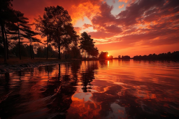 Sonne steht auf Bäumen an der Wasserfront goldenen Himmel und weiche Wolken generative IA