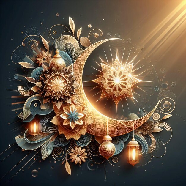 Sonne und Laterne mit Laub und Blumen, die Licht emittieren, Eid-Hintergrund
