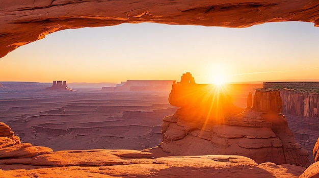 Sonnenaufgang am Mesa Arch im Canyonlands-Nationalpark in der Nähe von Moab, Utah, USA