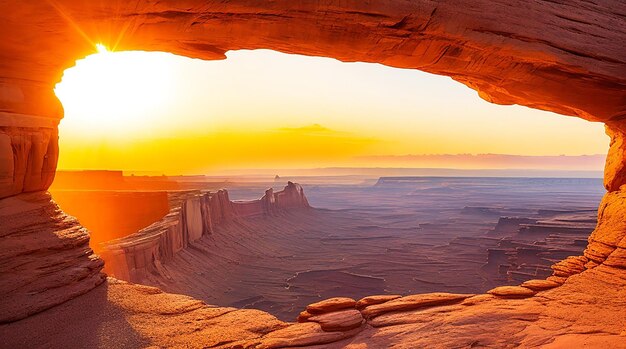 Sonnenaufgang am Mesa Arch im Canyonlands-Nationalpark in der Nähe von Moab, Utah, USA