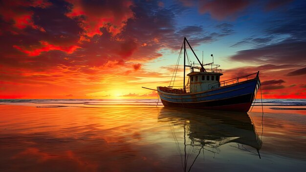 Sonnenaufgang am Strand mit buntem Himmel und einer Fischerbootsilhouette