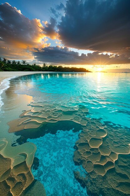 Sonnenaufgang auf den Salomoninseln, türkisfarbener Sand, Wasser im Vordergrund, inspiriert von National