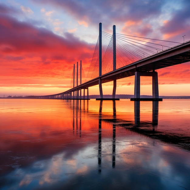 Sonnenaufgang auf der Vasco da Gama-Brücke in Lissabon, Portugal