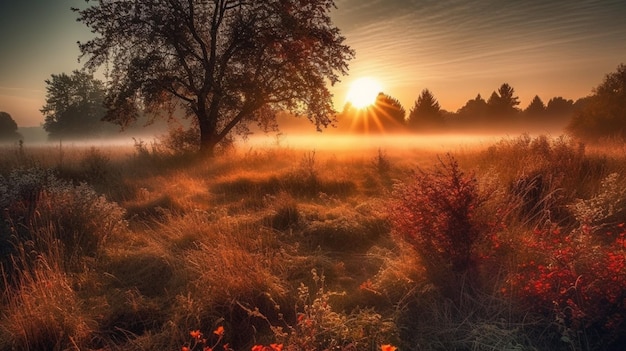 Sonnenaufgang auf einem Feld mit einem Baum im Vordergrund