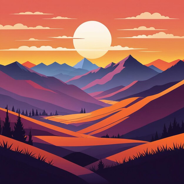 Sonnenaufgang-Gebirgslandschaft Silhouette flache Illustration