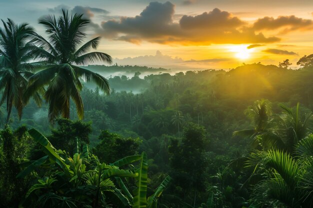 Sonnenaufgang im Dschungel mit Palmen und die Sonne scheint durch die Wolken