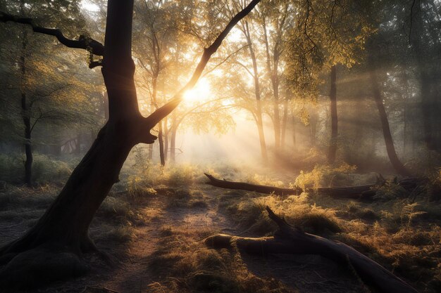 Sonnenaufgang im Herbstwald mit Nebel auf dem Boden und Bäumen