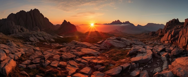 Sonnenaufgang in den Bergen in der Sonne