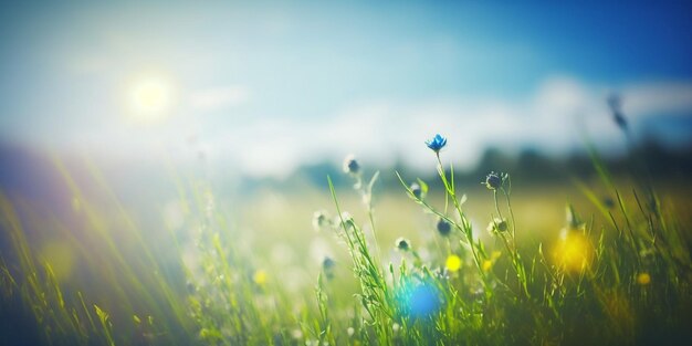 Sonnenaufgang in den Bergen verschwommen Wiese mit vielen Blumen an sonnigen Tagen im Wald, Nahaufnahme mit raumgenerativer KI