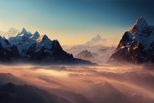 Sonnenaufgang in der digitalen Kunstillustration der Berge