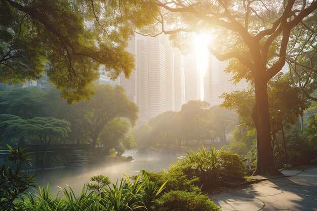 Sonnenaufgang in einem ruhigen Stadtpark mit Wolkenkratzern