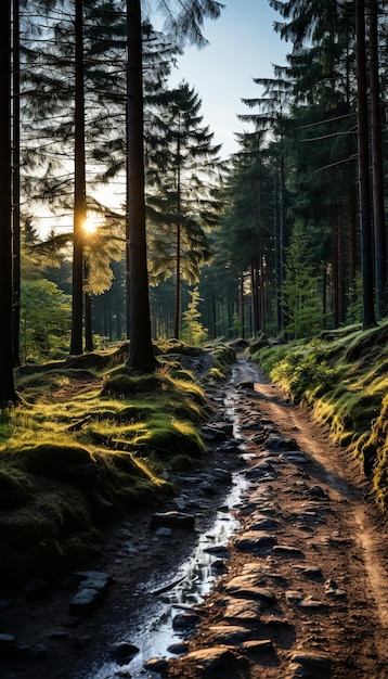 Sonnenaufgang in einer Waldlandschaft mit Gras und Wolken