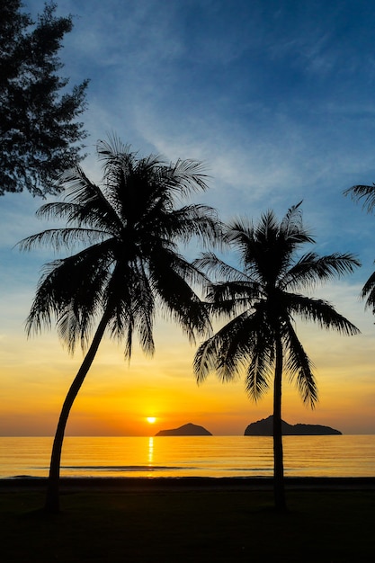 Sonnenaufgang in Meer mit Inseln und Kokosnussbäumen.