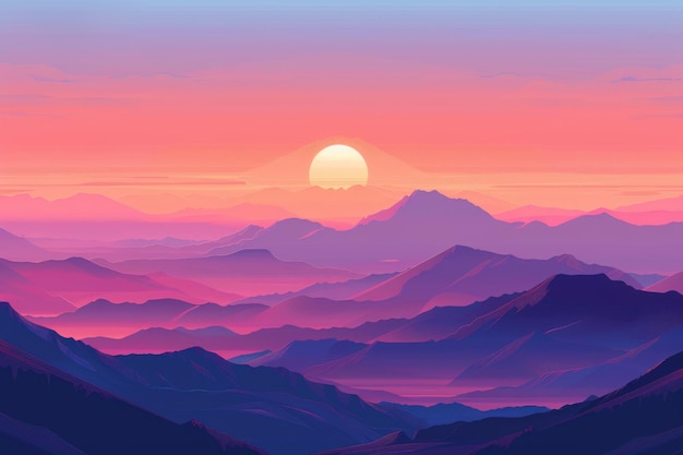 Sonnenaufgang Landschaft flache Illustration Farbe Morgendämmerung in den Bergen Sonnenuntergang Sonnenstrahlen Landschaft