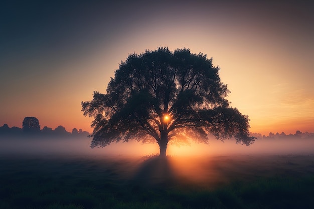 Sonnenaufgang mit Nebel auf einem Baum auf einer Wiese