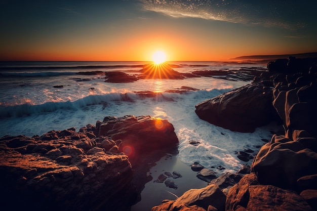 Sonnenaufgang über dem Ozean mit einer vertikalen Perspektive von Felsen