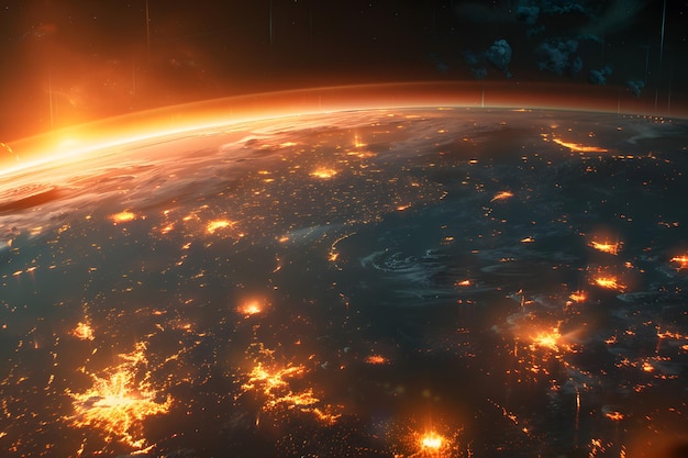 Sonnenaufgang über dem Planeten Erde im Weltraum mit sichtbaren Stadtlichtern