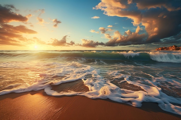 Sonnenaufgang über dem Strand im Meer wunderschöner Sandstrand und weiche blaue Ozeanwelle Perfekte tropische Strandlandschaft Urlaubsferien Hintergrund Nahaufnahme weiche Welle des Meeres am Sandstrand