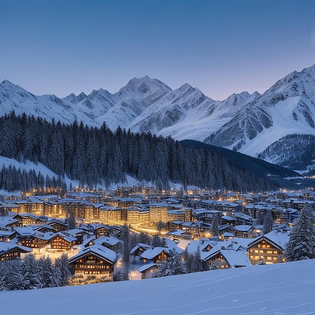 Sonnenaufgang über dem zugefrorenen Silsersee und Schneefall, erzeugt durch KI