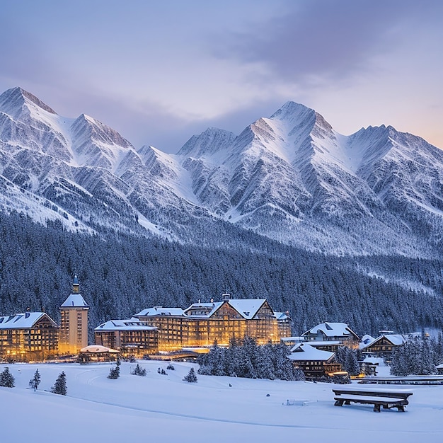 Sonnenaufgang über dem zugefrorenen Silsersee und Schneefall, erzeugt durch KI