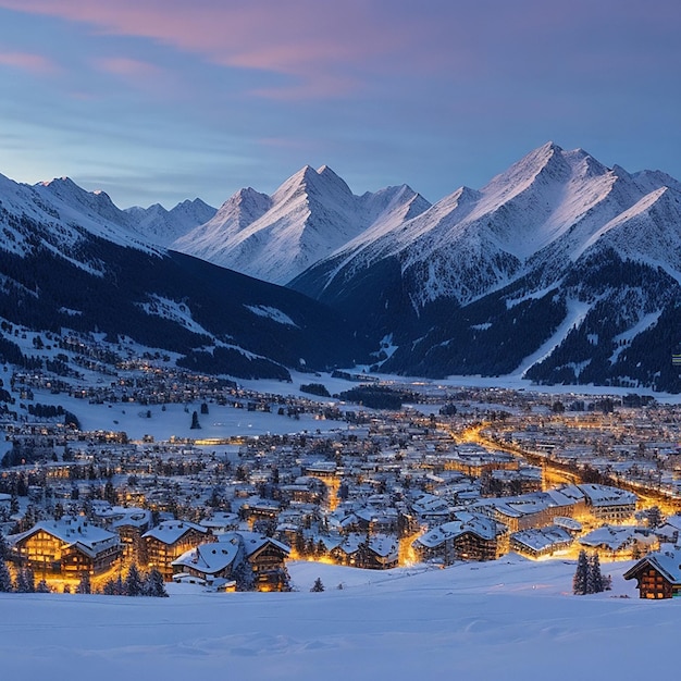 Sonnenaufgang über dem zugefrorenen Silsersee und Schneefall, erzeugt durch KI