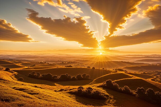 Sonnenaufgang über einem Feld aus Gras und Bäumen