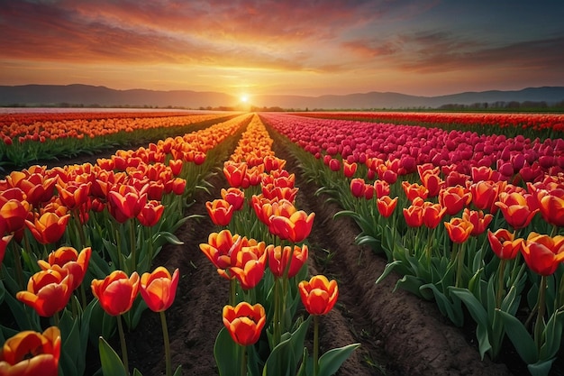 Sonnenaufgang über einem Feld von lebendigen Tulpen