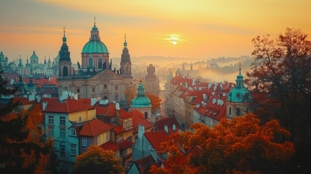Sonnenaufgang über einer historischen europäischen Stadt mit Herbstblättern