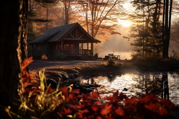 Sonnenaufgang über einer Waldlandschaft mit Herbstblättern