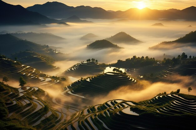 Sonnenaufgang über nebligen Reisfeldern Generative KI