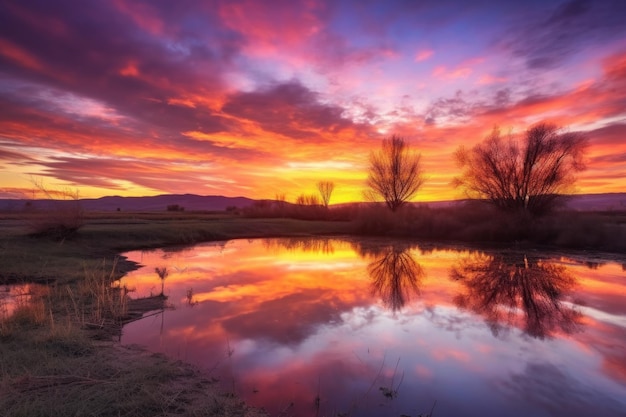 Sonnenaufgang über ruhige Landschaft mit lebendigen Farben und Details am Himmel, die mit generativer AI erstellt wurden