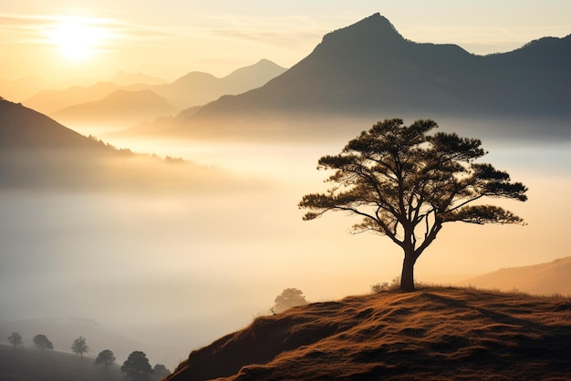 Sonnenaufgang und Baum im Nebel Sonnenuntergang Naturlandschaft warme Beleuchtung generative KI