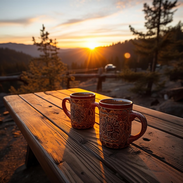Sonnenaufgang und zwei mit Kaffee gefüllte Campingbecher pro Person