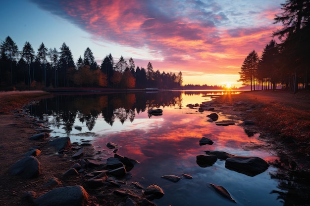 Sonnenaufgangsspektrum friedlicher See lebendige Reflexionen wunderschönes Sonnenaufgangbild