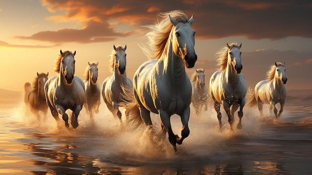 Sonnenaufgangstapete mit weißen sieben laufenden Pferden für das Wohnzimmer