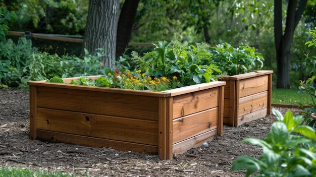 Sonnenbeleuchtete Gemüsegartenbetten in einem lebendigen Hinterhof