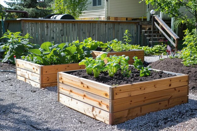 Sonnenbeleuchtete Gemüsegartenbetten in einem lebendigen Hinterhof