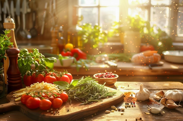 Sonnenbeleuchtete rustikale Küche mit frischem Gemüse und Nudeln auf einem Holztisch