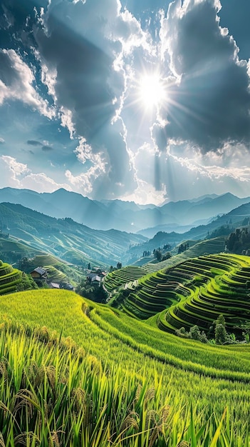 Sonnenbeleuchtete Szene mit Blick auf die chinesische Reisplantage