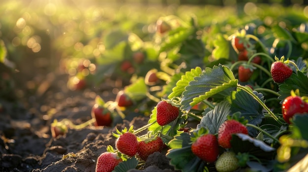 Sonnenbeleuchtete Szene mit Blick auf die Erdbeerenplantage mit vielen Erdbeeren in leuchtender, farbenreicher Farbe