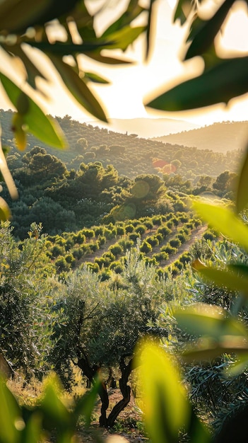 Sonnenbeleuchtete Szene mit Blick auf die Olivenplantage mit vielen Oliven in leuchtender, farbenreicher Farbe