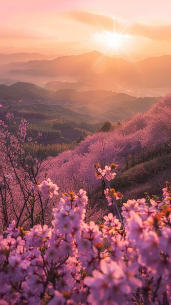 Sonnenbeleuchtete Szene mit Blick auf die Sakura-Plantage mit vielen Blüten, helle, reiche Farben