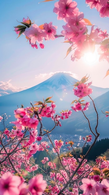 Sonnenbeleuchtete Szene mit Blick auf die Sakura-Plantage mit vielen Blüten, Vulkan Fuji im Hintergrund