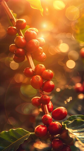 Sonnenbeleuchtete Szene mit reifen Kaffeebohnen in Nahaufnahme auf einem Zweig helle farbenreiche professionelle Foto