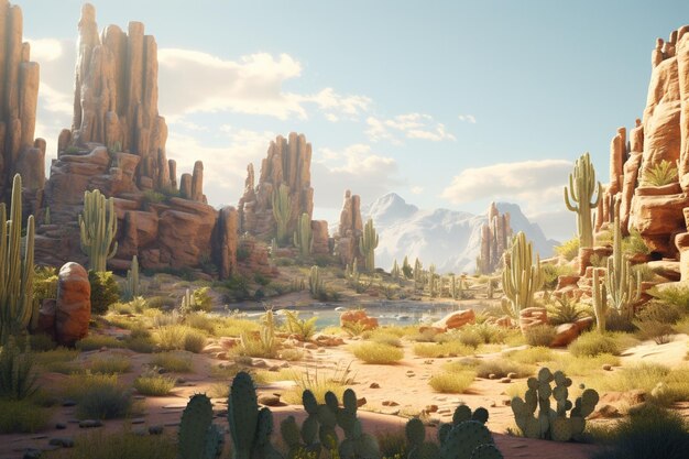 Sonnenbeleuchtete Wüstenlandschaft mit Kaktussen und Felsen Generative ai