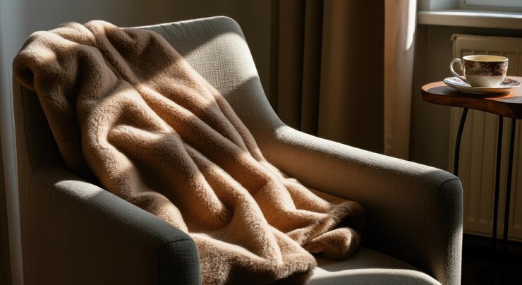 Foto sonnenbeleuchteter gemütlicher stuhl mit plüschdecke und teekouche