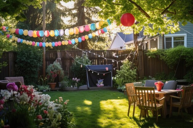 Foto sonnenbeleuchteter hinterhof voller ballons und streamer