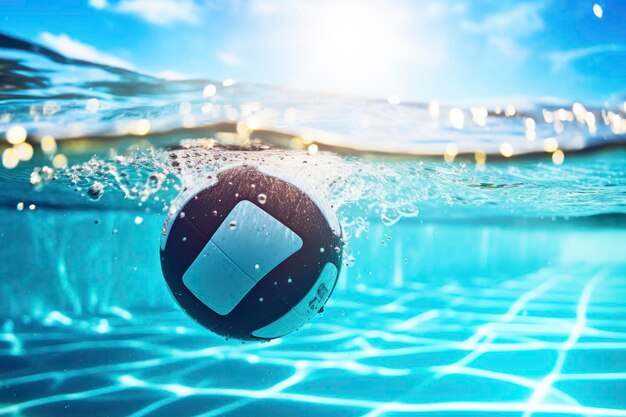 Sonnenbeleuchteter Wasserpolo-Ball, der im Pool schwebt