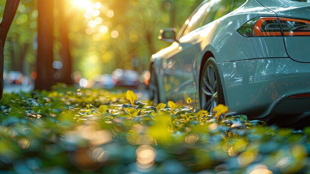 Sonnenbeleuchtetes Elektroauto auf einem Kopfsteinpfade geparkt